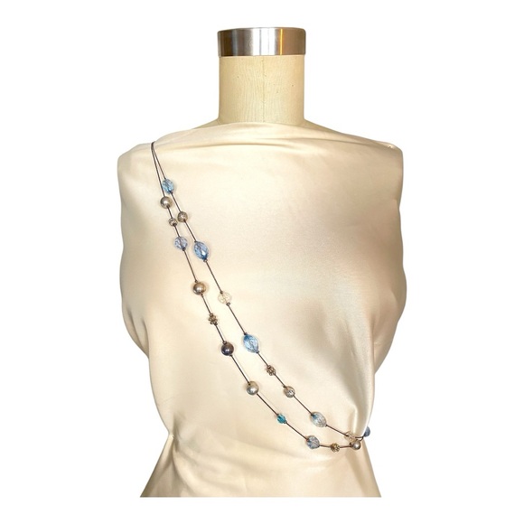 Extra long multilayered beaded chain necklace faceted crystals blue silver - Picture 1 of 8